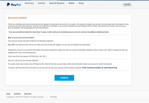 Image showing a fake PayPal page