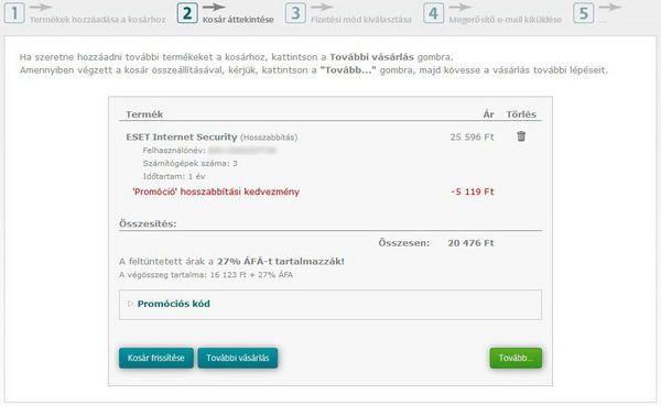 6. Ha a kuponkódot helyesen adta meg, a termék ára alatt megjelenik a Promóciós kód kedvezményének összege is. 6. Ha a kuponkódot helyesen adta meg, a termék ára alatt megjelenik a Promóciós kód kedvezményének összege is.