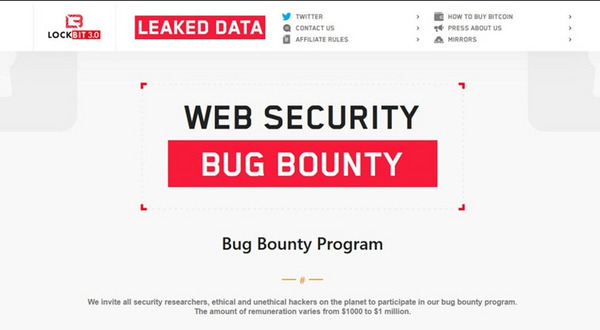 אתר דליפת מידע של LockBit המציג תוכנית Bug Bounty כחלק מפעילות קבוצת כופרה