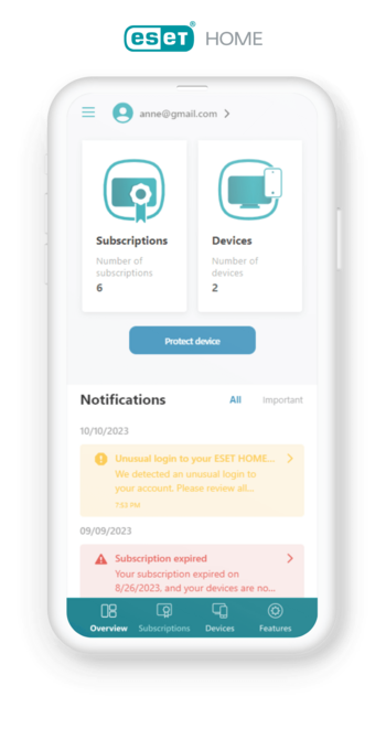 Graphic representing ESET HOME on mobile, showcasing features and benefits of ESET's home cybersecurity solutions.