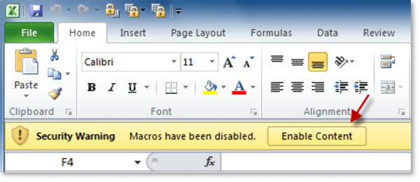 図 9. Excel 2010の「コンテンツを有効にする」ボタン