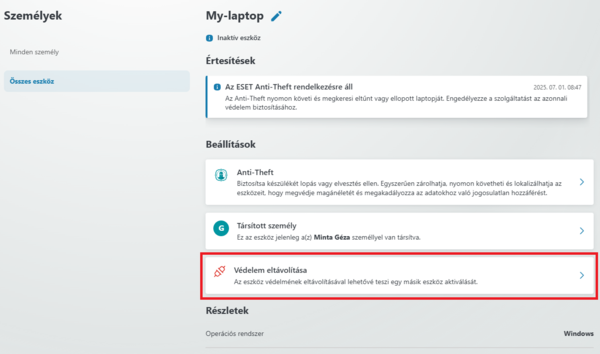 3. A kiválasztott eszköz "Beállítások" adatainál kattintson a "Védelem eltávolítása" gombra. Ha az eszköz neve alapján nem egyértelmű mely eszközt szükséges leválasztani, akkor a könnyebb beazonosítás érdekében lentebb láthat további adatokat a „Részletek” szekcióban.