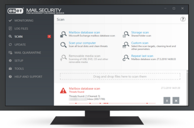 Screenshot of ESET Mail Security for Microsoft Exchange displaying the results of a database scan, indicating detected malware