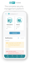 Graphic representing ESET HOME on mobile, showcasing features and benefits of ESET's home cybersecurity solutions.