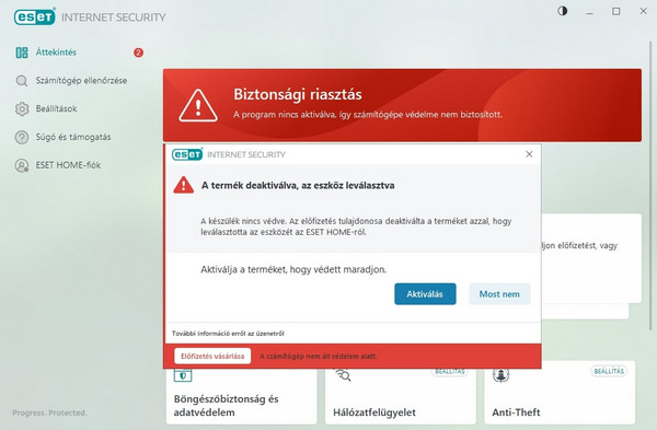 Ha az ESET HOME fiókjában véletlenül olyan gépet is leválasztott, ahová már telepítve volt a program, és emiatt a készülék nincs védve, úgy az alábbi leírásokat követve tudja újra aktiválni aktiválási kulcsával, vagy HOME fiókjával eszközét.