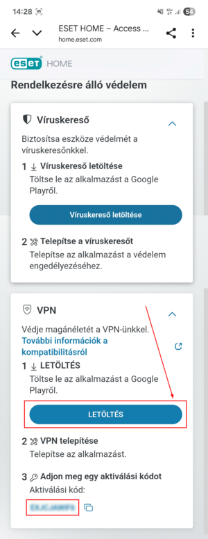 ESET HOME - VPN csempe Letöltés gomb 8. A VPN csempén belül, kérem, kattintson a Letöltés gombra.