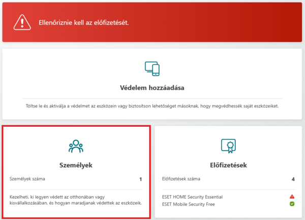 1. Az ESET HOME fiókjába való bejelentkezés után, kattintson a "Személyek" csempére az "Előfizetések" lapon.
