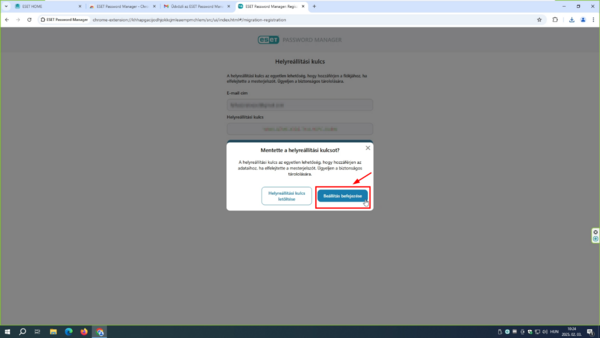 Helyreállítási kulcs - megerősítés A rendszer még egyszer megkérdezi, hogy letöltötte-e helyreállítási kulcsát. Amennyiben nem, még van lehetősége rá. Ha (már) megtörtént, kattintson a Beállítás befejezése gombra.
