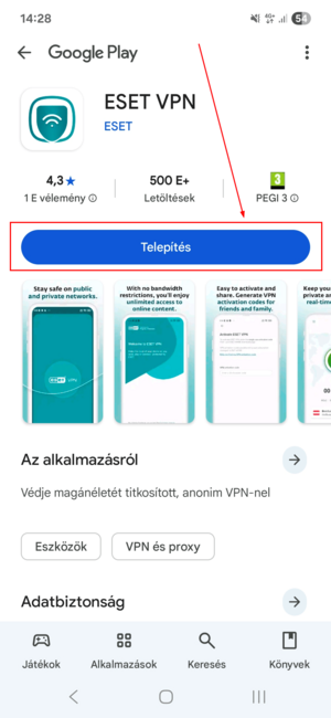 VPN telepítés Androidra 9. Kattintson a Telepítés gombra.