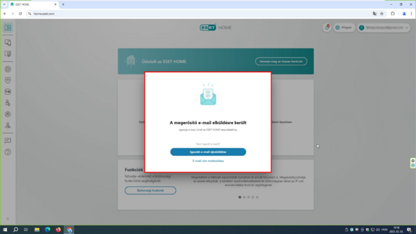 ESET HOME - Megerősítő e-mail A megerősítő e-mail elküldésre került, ahogy a felugró ablak is jelzi.