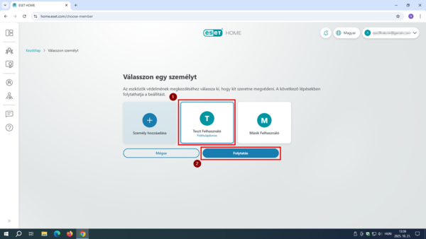 ESET HOME - Profilkiválasztás 2. Válassza ki a profilját, majd kattintson a Folytatás gombra.