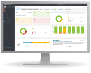 Illustration of the capabilities of ESET's security management console, highlighting features such as endpoint protection, cloud sandboxing, full disk encryption, and extended detection and response.