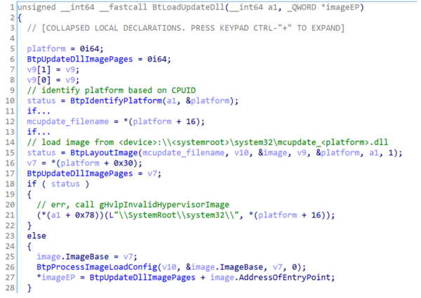 図9. mcupdate_*.dllをロードする正規のhvloader.efiのBtLoadUpdateDll関数をHex-Raysで逆コンパイルしたもの。
