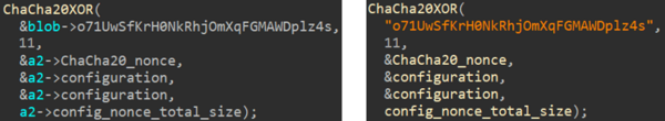 図10. SideWalk WindowsのChaCha20復号化コール(左)とSideWalk Linuxの復号化コール(右)