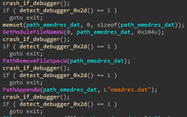 図 10. 明らかなデバッグ対策チェックのパターンを示しているデコンパイラのビュー。デコンパイラが出力を生成するためには、前述の難読化を除去する必要がある点に注意。
