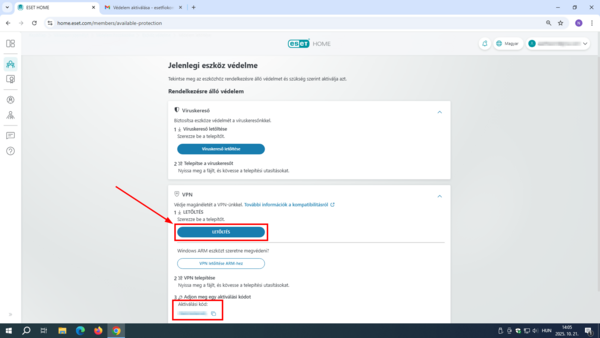ESET HOME - VPN szekció LETÖLTÉS 5. A VPN szekcióban kattintson a LETÖLTÉS gombra. A VPN aktiváló kódját pár sorral lejjebb láthatja.