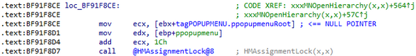 図2. win32k!xxxMNOpenHierarchy関数の分解コード