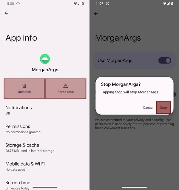 PromptSpy - Images of invisible rectangles (displayed in color for clarity) covering specific buttons.