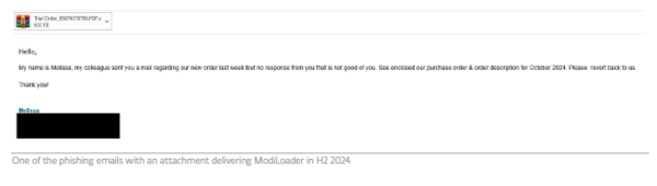 An example of a phishing email containing a malicious attachment with ModiLoader.