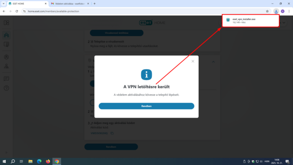 ESET HOME - Jobb felső sarok 6. Jobb felső sarokban kattintson az eset_vpn_installer.exe telepítőfájlra a futtatáshoz.