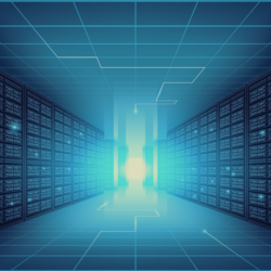 Teal colored server room with a light at the end