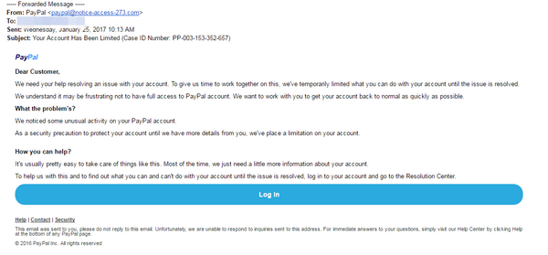 Image of a fake PayPal communication