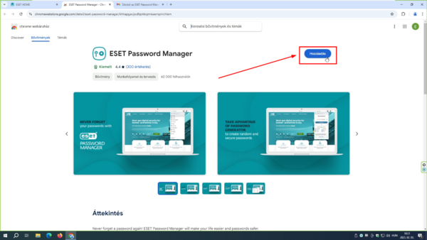 ESET Password Manager - Hozzáadás vagy Letöltés Megnyílik az Ön által használt böngésző bővítmény áruháza az ESET Password Manager bővítménnyel. Kattintson a Hozzáadás (vagy Letöltés) gombra.