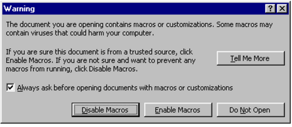 図 8. VBAマクロを含む文書をWord 97で開いたときにデフォルトで表示されるダイアログ