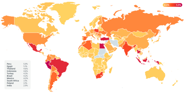 図4. ESETテレメトリに基づくAceCryptorの影響を受けている国のヒートマップ