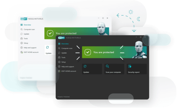 A graphical illustration of ESET's one-click solution, highlighting the ease of use and efficiency in securing devices with a single click. The design features icons and text that emphasize simplicity and comprehensive protection.