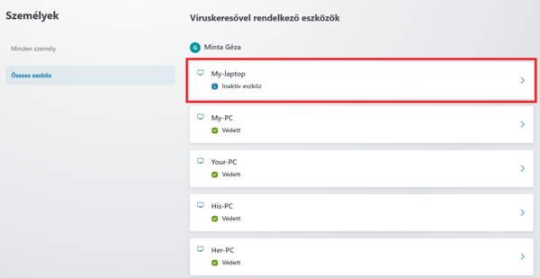 2. Válassza ki, és nyissa meg azt az eszközt, ahol „Inaktív eszköz” jelzést lát, vagy az aktuálisan lecserélt, de még "Védett" eszközét, amit már nem szeretne tovább használni, és el szeretné távolítani róla a védelmet, hogy egy új eszközén felhasználhassa az előfizetését.