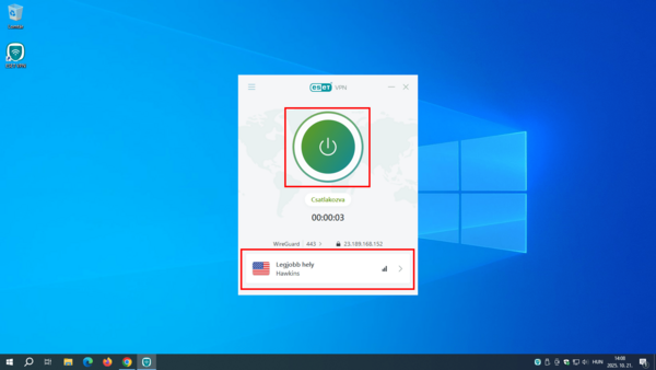 ESET HOME - gombok 10. Az ablak tetején látható a be- és kikapcsoló gomb, alul pedig a lokáció választható ki. Bal felső sarokban a további beállítások érhetők el.