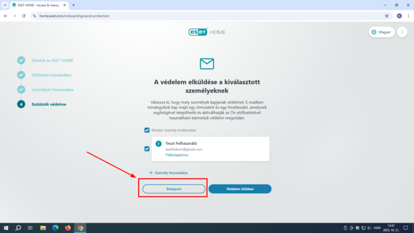 ESET HOME - A védelem elküldése a kiválasztott személyeknek 13. Kattintson a Befejezés gombra.