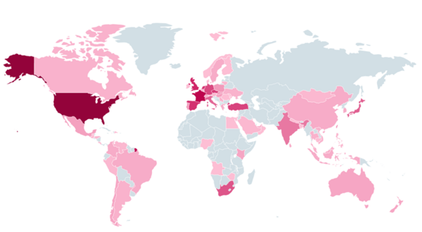 図1. 2025年7月17日から7月22日までのToolShell攻撃の地理的な分布