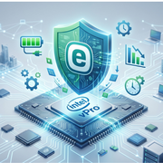 מגן אבטחה דיגיטלי של ESET מעל מעבד Intel vPro המדגים שילוב בין חומרה ותוכנה להגנה מתקדמת וביצועים בארגונים