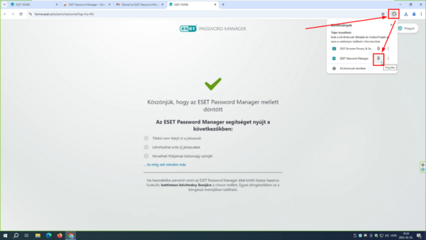 Bővítmények - ESET Password Manager rögzítése A jobb felső sarokban kattintson a Bővítmények részre (puzzle ikon), majd kattintson az ESET Password Manager sor mellet a gombostű ikonra a jelszókezelő rögzítéshez.
