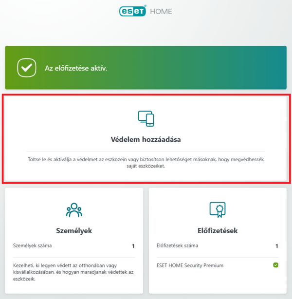 2. Amint az "Előfizetések" lapon jelzett számláló alapján rendelkezésre áll legalább egy szabadon felhasználható hely egy előfizetésében, megkezdheti az új eszközre szóló védelem telepítést és aktiválást a "Védelem hozzáadása" csempére kattintva.